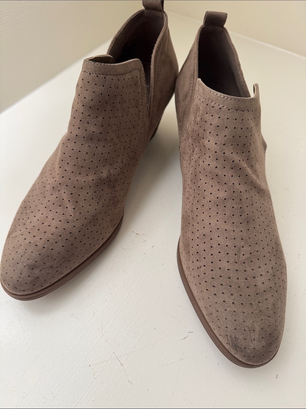 XAppeal “Auden” tan perforated faux leather heeled ankle booties. 11.